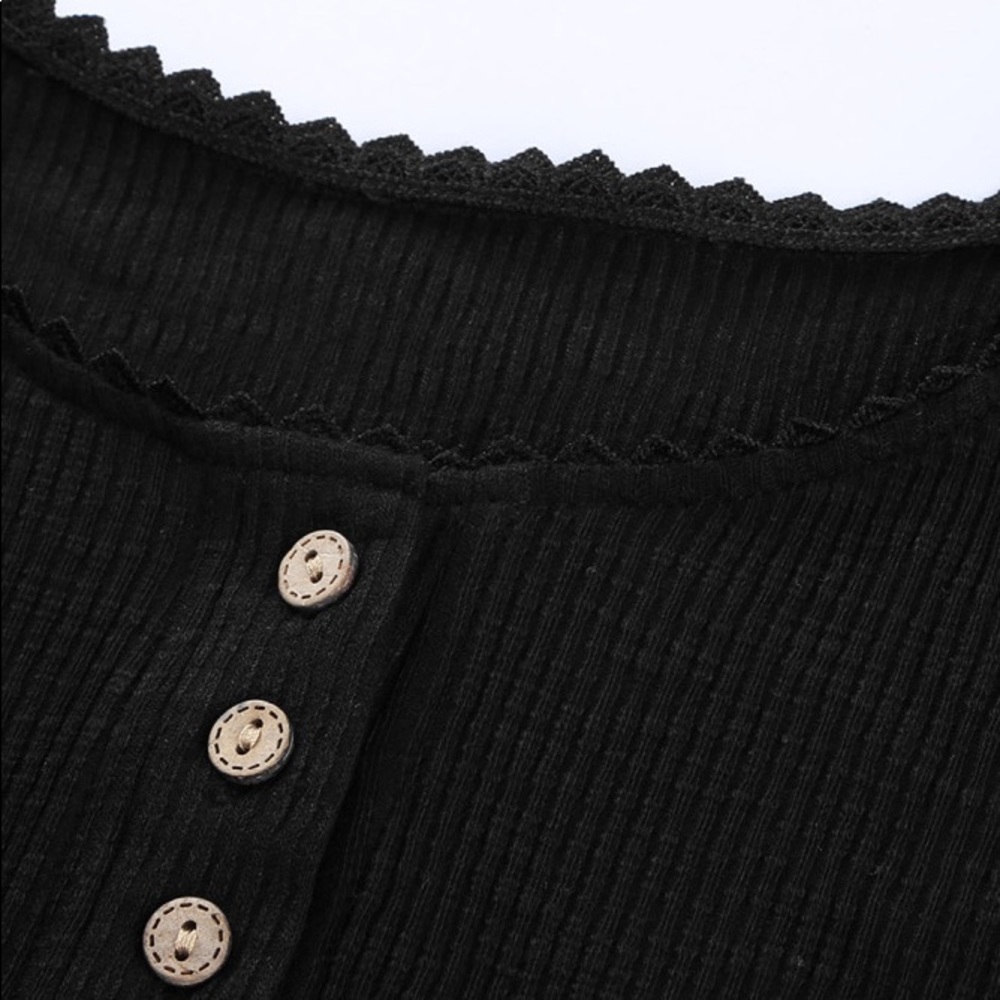 Black Crochet Plus Sized Lace Hem Sleeve Button Rib Knit Henley Top - 2X - Picture 6 of 12